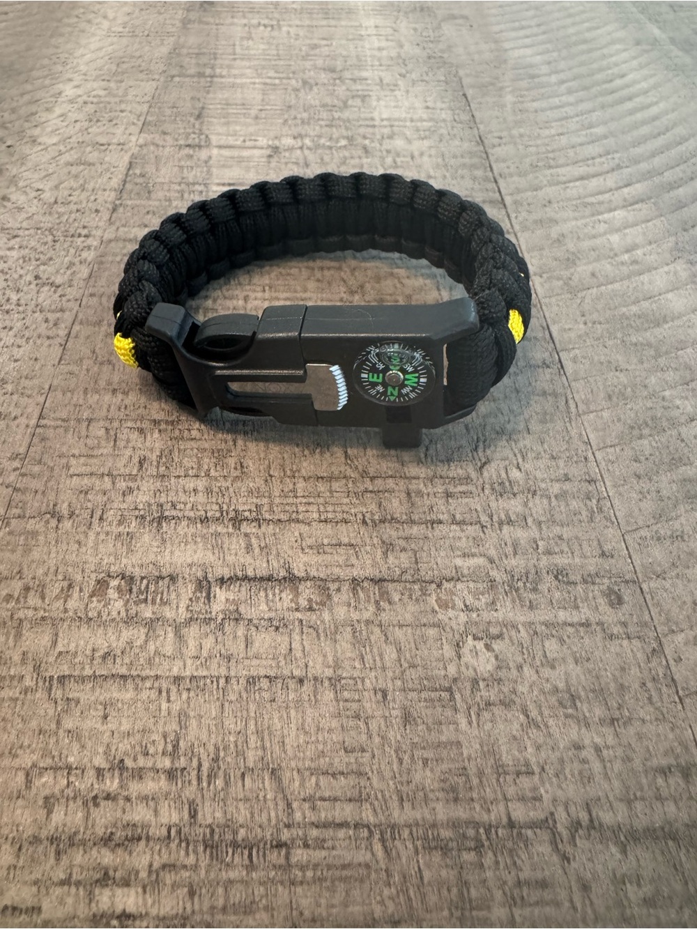 Black Paracord Survival Bracelet with Compass and Yellow Accents